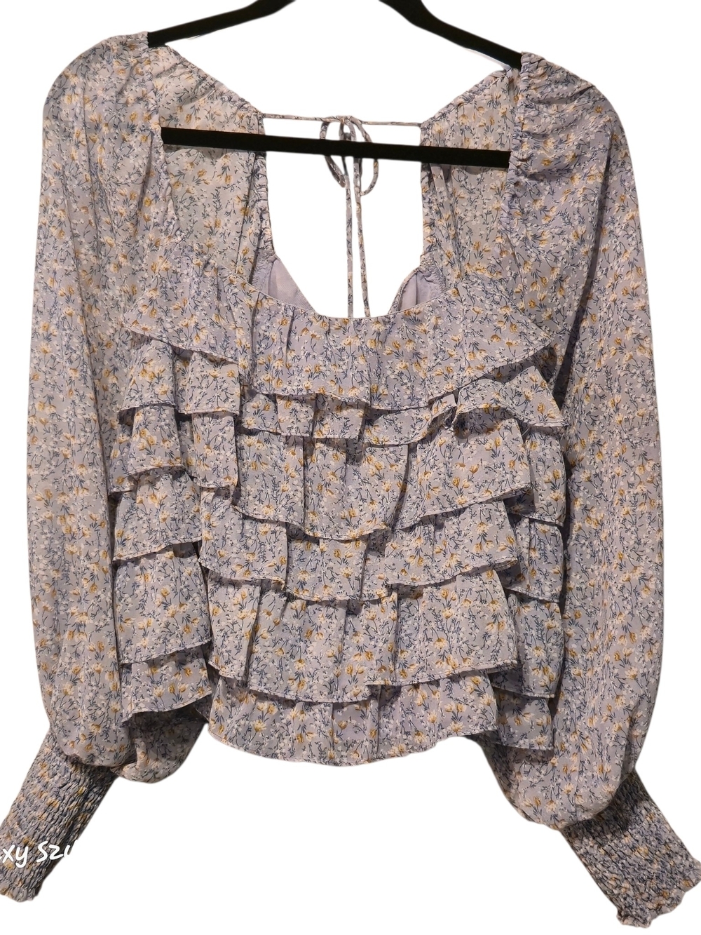Astr Ruffled Square-Neck Floral Blouse - Light Gray Multi - Picture 2 of 7